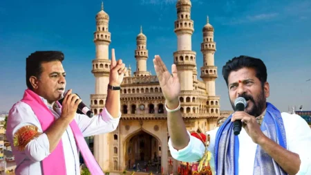KTR, working president of BRS, speaks at a protest against the removal of Charminar from the Telangana emblem.